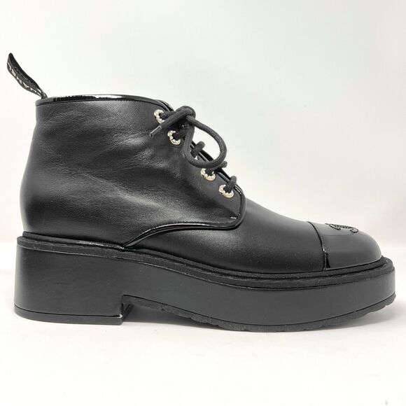 Chanel Black Leather Cap-Toe Platform Boots with Pearl Eyelets – Size 41.5 - Picture 3 of 11